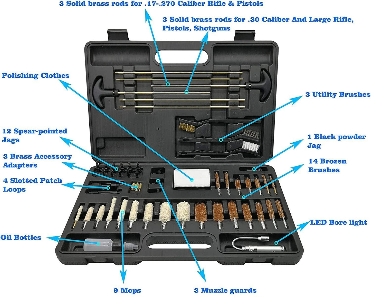 62 UNIVERSAL GUN CLEANING KIT FOR ALL GUNS HUNTING RIFLE SHOT GUN HANDGUNS IN HARD CASE ALL CALIBERS GUN CLEANING KIT WITH LED BORE LIGHT - OPTICREV